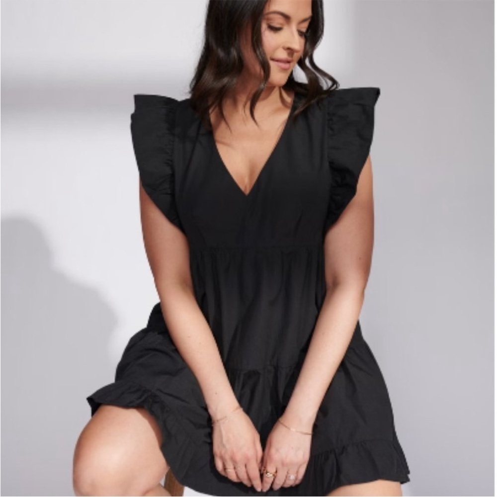 Abercrombie & Fitch Flutter Sleeve Tiered Mini Dress Black XXLT Plus Pockets - Picture 3 of 16